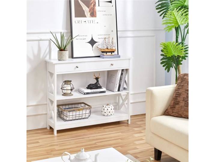 Table Console Blanc - Yaheetech - Console Entrée en Bois - 3 Niveau avec 1 Tiroir - Pied en Bois Massif - 100 x 30 x 80 cm