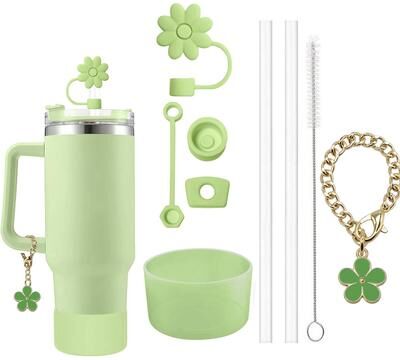 Friendly Fresh Finds Stanley Cup Accessories Set Spill Proof Stoppers, Straws, Brushes & Flower Charm For Customization green