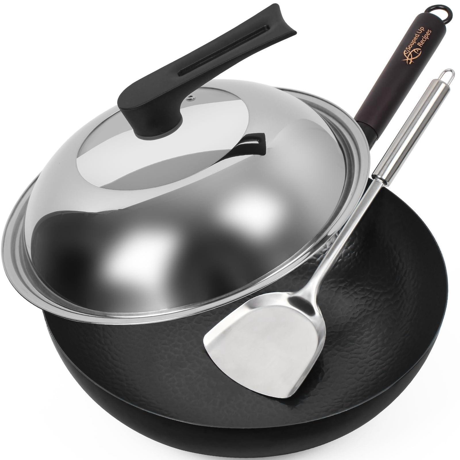 Carbon stalen wok van 32 cm met deksel en spatel