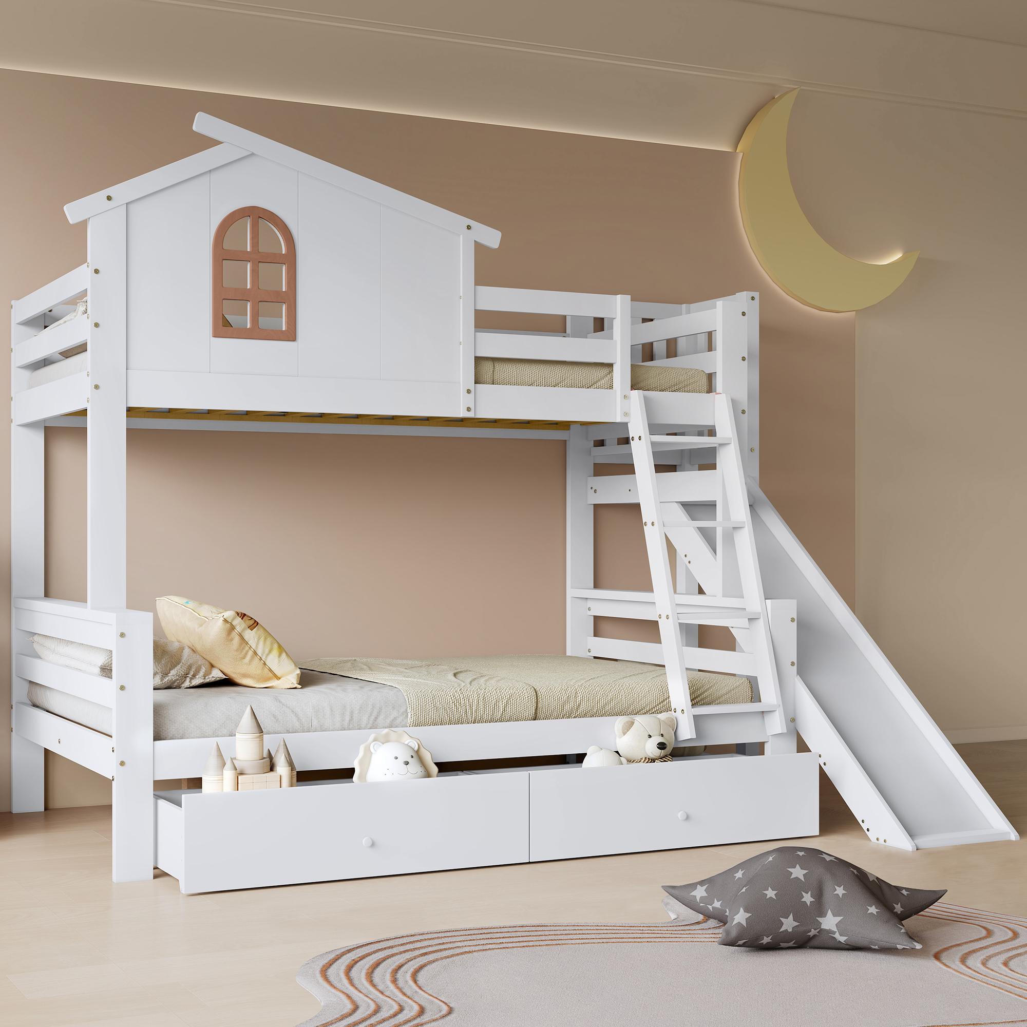 okwish Etagenbett 90x200cm & 120x200cm mit Leiter, Rutsche und 2 Schubladen, Weiß