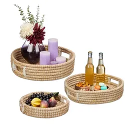 Relaxdays Serviertablett 3er Set rund Weiß,Hellbraun