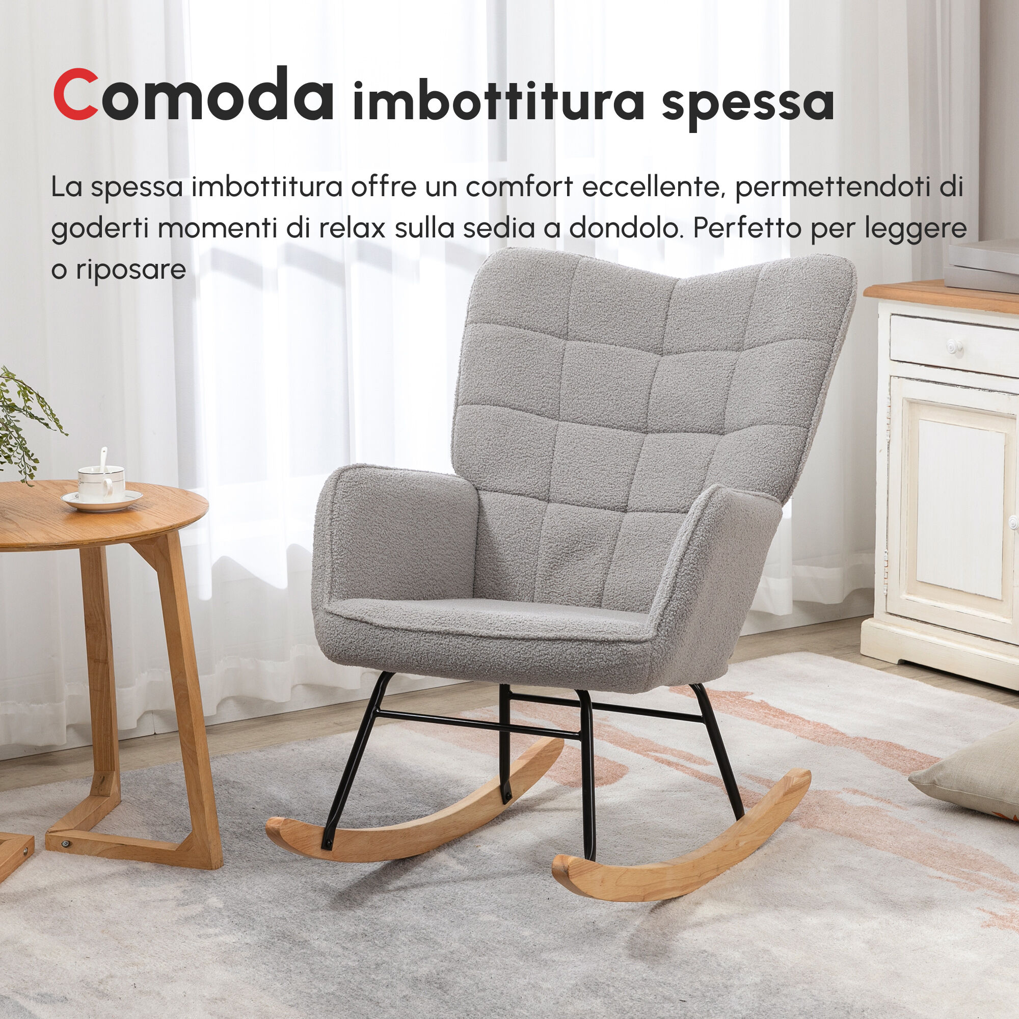 Altro Poltrona A Dondolo Imbottita In Legno E Acciaio Con Rivestimento Bouclé, 71x98x101 Cm, Grigio