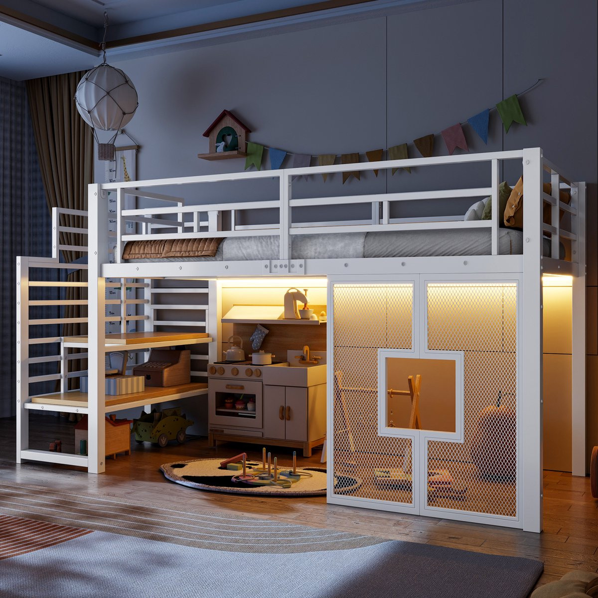 Avonturenbed voor kinderen - Metalen Hoogslaper met LED-verlichting - 90 x 200 cm