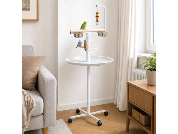 PawHut Mangeoire Oiseaux Inox sur Pied 2 Bols Blanc