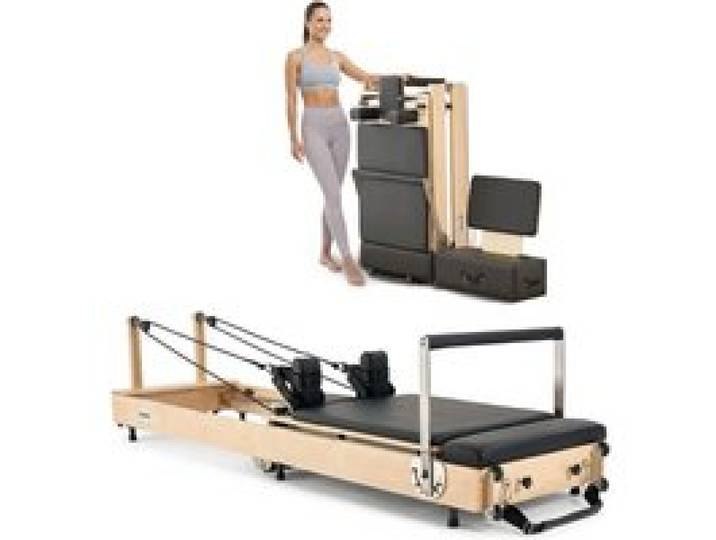 VEVOR Réformateur Pilates Pliable en Bois, Machine de Pilates Capacité de Charge 181,44 kg, Ensemble Lit avec Double Résistance, Ressort, Cordon et Boîte d'Assise, Équipement d'Entraînement de Yoga