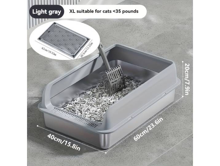 KEMORELA Extra grande bac à litière pour chat en acier inoxydable avec couvercle-litière fermée tapis à litière pour chat résistant aux côtés et aux fuites