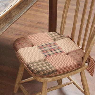 VHC Brands Crosswoods Patchwork Chair Pad - Rustic Tan, Green & Red Plaid