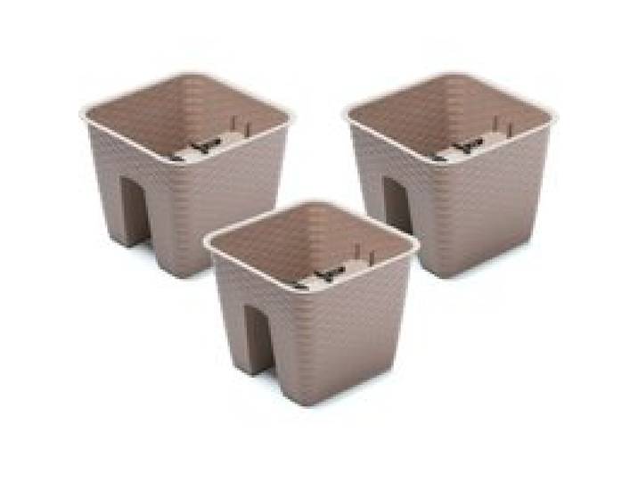 PROSPERPLAST Jardinière de balcon « Ratolla Railing » aspect rotin, lot de 3 (Carrée, mocca, 272x272x225 mm)