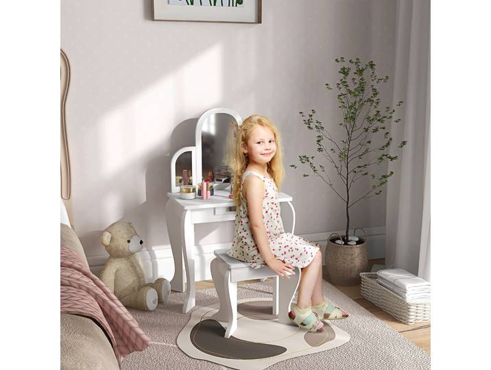 HOMCOM Coiffeuse Enfant avec Miroir, Tabouret et Tiroir Blanc