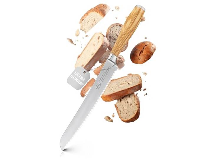 RÖSLE Brotmesser Artesano 22 cm - Hochwertiges Brotmesser mit Wellenschliff, Küchenmesser für Brot, Brötchen und Baguette, scharfes Schneidemesser mit ergonomischem Griff aus Olivenholz