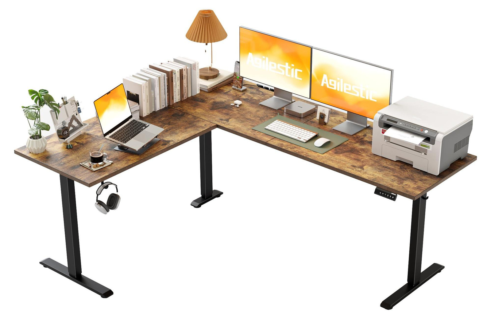 Selius Elektrisch Verstelbaar L-vormig Bureau, Bruin, B: 190 cm x D: 155 cm