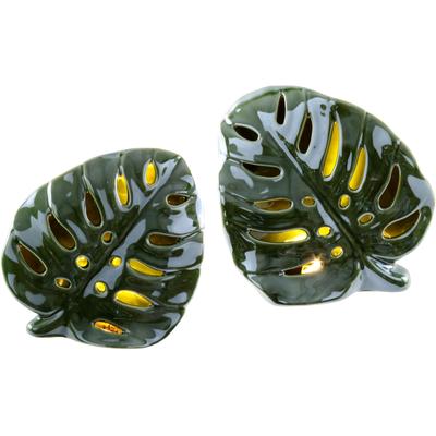 Windlicht I.GE.A. "Blatt mit LED-Licht", grün, B:17cm H:15cm, Keramik, Kerzenhalter, Windlicht, 2er Set