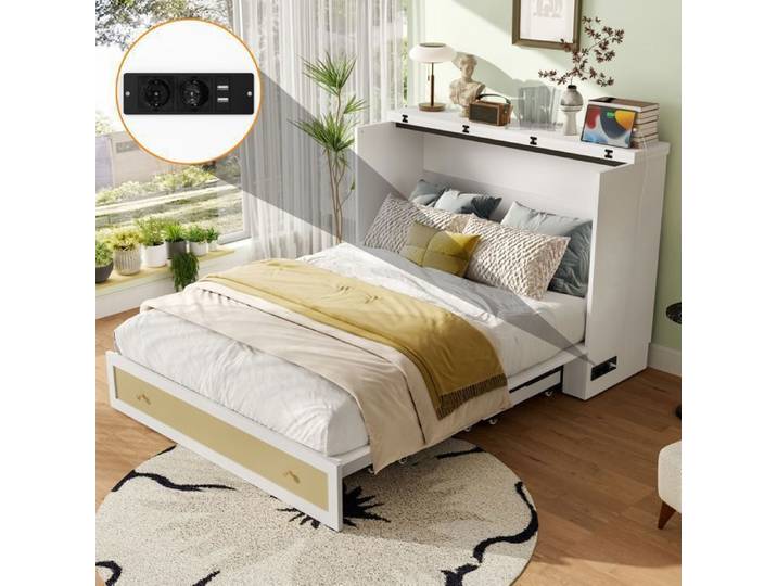 Lit escamotable Lit armoire Lit Rangement 140x200 cm – Blanc – Mobile – Rabattable – Tiroirs – Étagère – USB/Prise