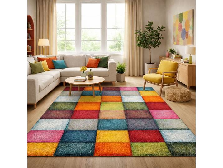 Teppich GOODPRODUCT Bond , bunt (multi), B:80cm H:11mm L:300cm, Polypropylen (PP), Teppiche, Teppich, Kurzflor,3D-Design, mit Karo Muster, auch als Läufer erhältlich
