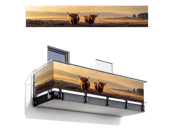 MuchoWow Balkon-Sichtschutz Schottische Hochlandbewohner - Heide - Landschaft - Tiere, Cognac, Kunststoff, Rechteckig, 500x85 cm, Sonnenschutz, Sichtschutz
