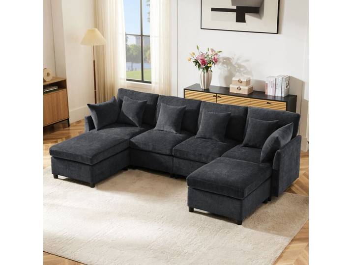Sofa modulaire en tissu chenille moderne avec 2 poufs et 6 coussins convertible en U ou L