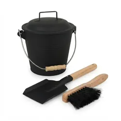 Relaxdays Ascheeimer mit Deckel, 4,5 Liter, inkl. Aschebesen & Kaminschaufel, Aschebehälter mit Henkel, schwarz/natur