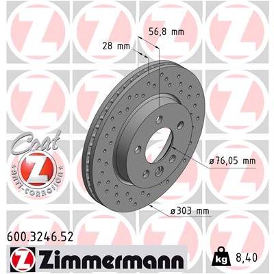 ZIMMERMANN Bremsscheibe SPORT COAT Z 600.3246.52 Vorderachse Gelocht 303mm 28mm für VAG