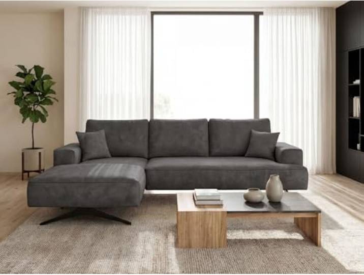 GRAINGOLD Leto Ecksofa 260x165 cm, L-Form Sofa, Ecksofa für Wohnzimmer, Velours-Stoff, 3-Sitzer Eckcouch, Modernes Design (Anthrazit, Links)
