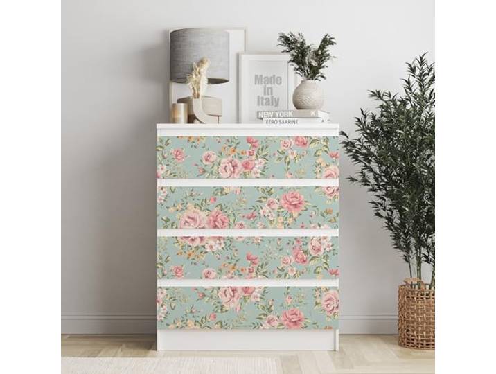 Autocollant compatible avec meuble IKEA MALM Rose fond vert – 4 grands tiroirs 80 x 20 cm et n° 1 tiroir divisé 40 x 20 cm – Sticker décoratif amovible en PVC\, facile à appliquer