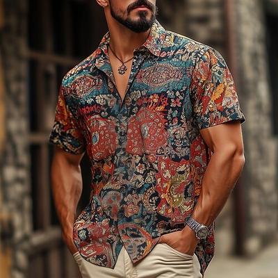 Herren Indianer Boho Hemd Sommer Hawaiihemd Knopfhemd Kurzarm Hawaiianisch Urlaub Ferien Strandbekleidung Sommer Frühling Umlegekragen 3D-Druck Hemden mit Kragen Blau