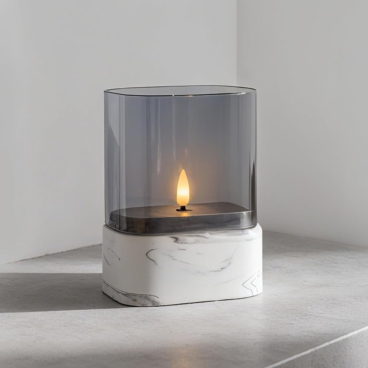 Flamevrije LED Kaars in Marmerlook met Timer, Grijs, B/D/H: 12 x 8 x 15 cm