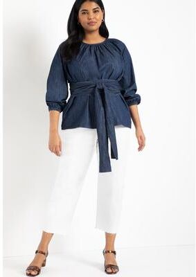Plus Size Women's Dramatic Faux Wrap Top by ELOQUII in Dark Wash (Size 22)