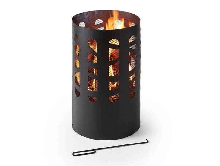 Relaxdays Feuertonne Schwarz Stahl Funkenschutzgitter mit Schürhaken, Metall, 37x60x37 cm, Gartenmöbel, Balkonmöbel