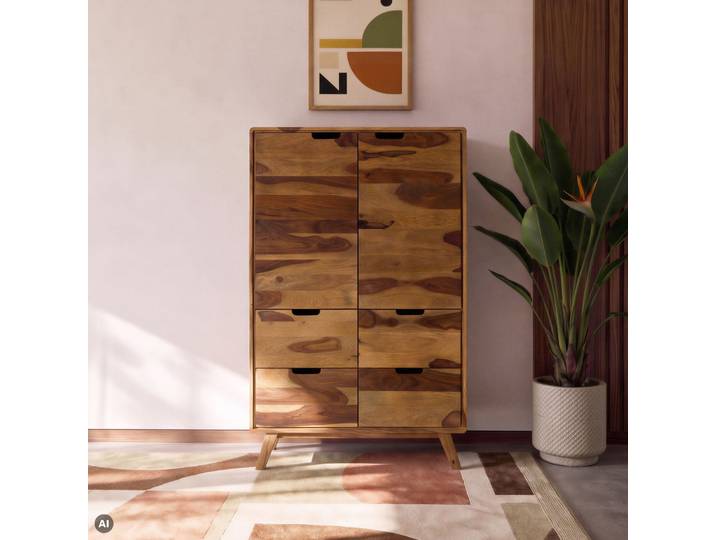 Highboard Sheesham 90x40x145 natur sandgestrahlt lackiert MALMÖ 2 #210