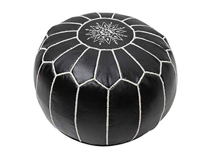 ESSENCE OF MOROCCO Marokkanischer Pouf, Fußstütze, Fußhocker, Ottomane, echtes Leder, Schwarz und Weiß, handgefertigt, handgenäht, mit gesticktem Marrakesch-Design (nur Bezug)