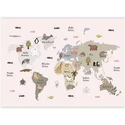 Artgeist, Tapete, Fototapete - Pastel Map - Animals and Continents for Children's Room (400 x 280 cm)