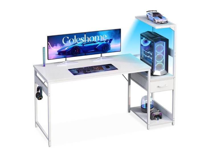 Bureau Gaming avec Éclairage LED 138x48cm Blanc Fibre Carbone - Fibre de carbone - Blanc Fibre de Carbone - Rectangulaire