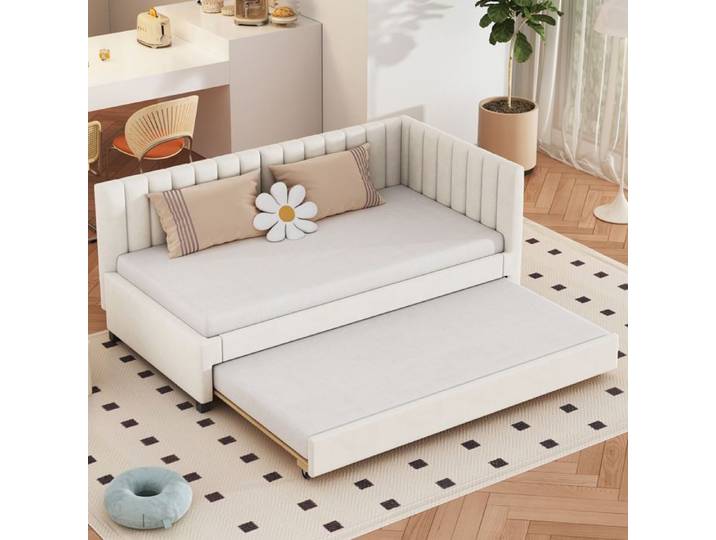 Lit banquette gigogne en velours beige avec tête de lit rembourrée