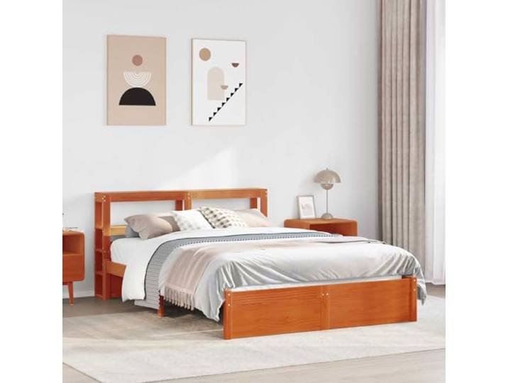 Massivholz Kiefer Schlankes Design Lattenrost 160 x 200 cm Wachsbraun Bettrahmen Massivholz Kiefer Wachsbraun 160x200 cm mit Kopfteil Regal Lattenrost Stabil