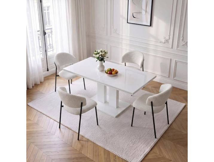 JIEXI Lot 5 table extensible 140-180 cm blanc brillant 4 chaises velours côtelé table colonne moderne salon & salle à manger