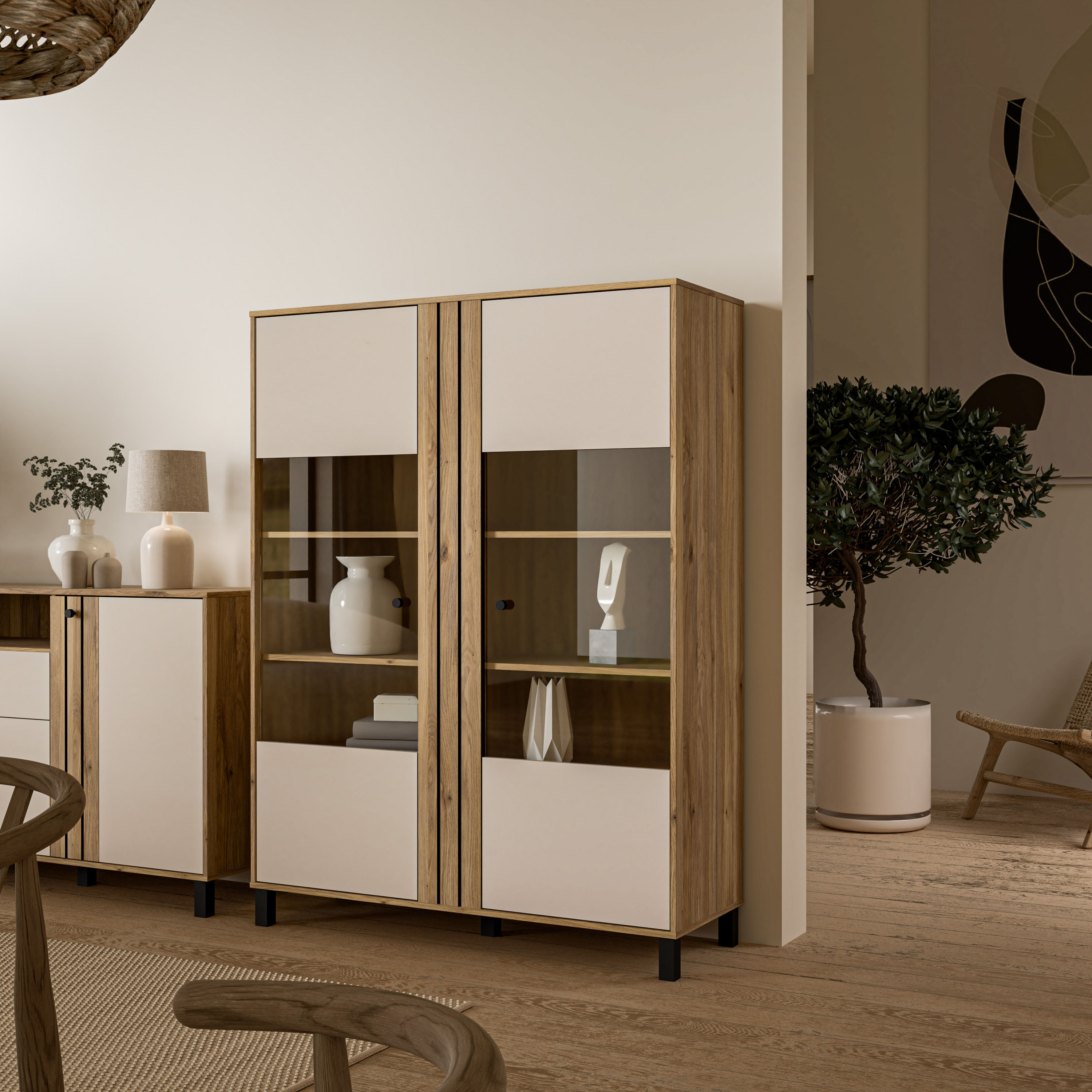 Highboard FORTE "Killarney", beige (mauvella eiche, kashmir beige), B:121,4cm H:161cm T:42cm, Dekorfolie, Glas, Holzwerkstoff, MDF, Metall, Sideboards, Highboard, Highboardvitrine, Stauraum, Soft Close mauvella eiche, kashmir beige B/H/T: 121,4cm x 161cm 