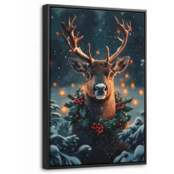 LEINWAND Bilder mit Rahmen - Hirsch - Weihnachten - Winter - Schnee - Weihnachtskranz - 40x60