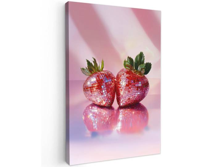 MuchoWow Leinwandbild Disco - Obst - Glitzer - Erdbeere 80x120 cm, Pink, Rechteckig, 80x120 cm, gerahmt, Bilder & Rahmen, Bilder, Leinwandbilder