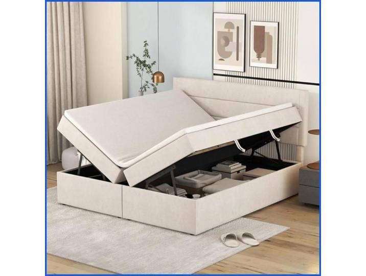 Lit Rembourré Double 140x200cm - Rangement Géant - Châssis de Lattes Métal - Beige