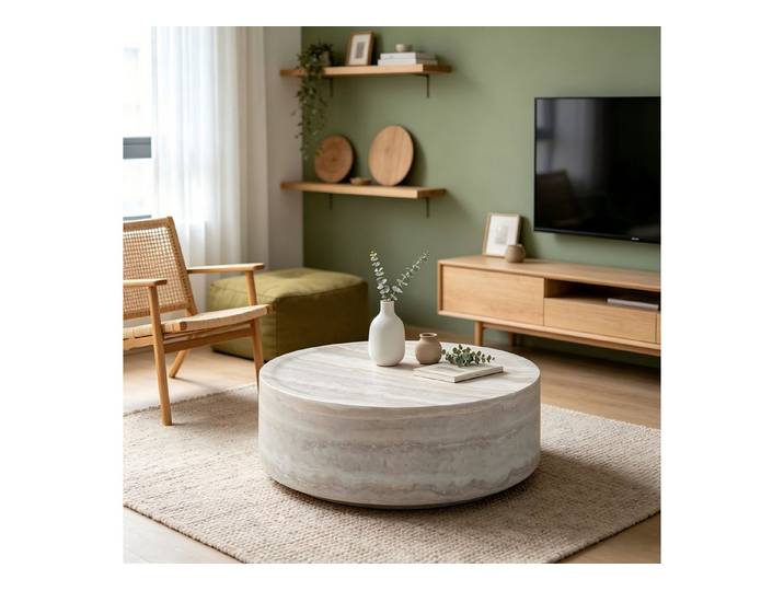 WILLIAMSPACE Couchtisch Niedriger Couchtisch zylindrisch Stein‑Optik, Glasfaser‑Korpus, Feste Arbeitsplatte