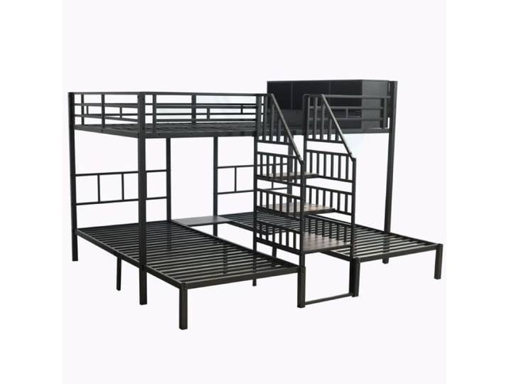 Lit Superposé enfant 3 places 90x200cm et 140x200cm noir escalier avec rampe cadre métallique très robuste
