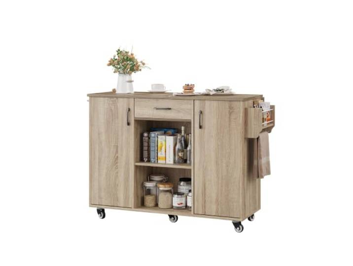 Ropilly Kücheninsel mit klappbarer Arbeitsplatte aus MDF mobil Klappbare Arbeitsplatte von 67,5 auf 120 cm, 5 Rollen und viel Stauraum für Küche und Essbereich