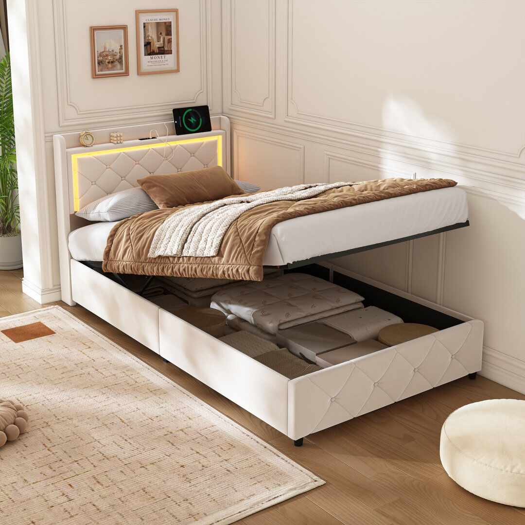 Canora Grey Beige Velvet Upholstered Storage Bed with LED Lights & USB Charging Port Beige Single (3')