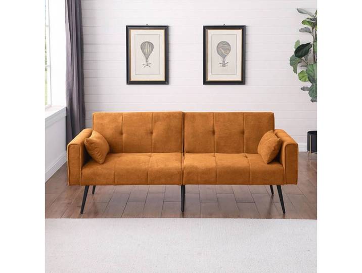 Canapé-lit convertible 3 places pliable en velours côtelé orange 175 cm avec pieds métal