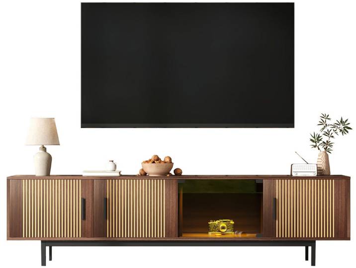 SeedWave Lowboard Stilvoller TV Schrank LED Fernsehschrank mit 4 geschlossenen Fächern, Mit einstellbarem Lichtstreif und vestellbarem Mittelfuß