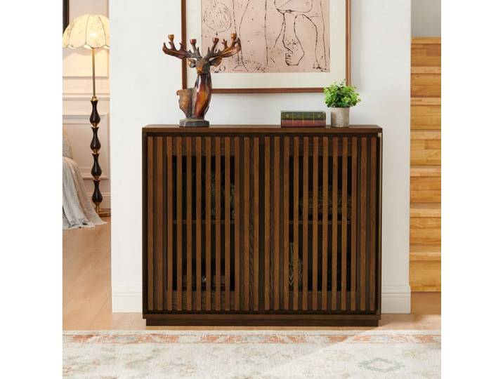 WOVREO Buffet bas vintage 99 cm effet bois noyer MDF porte striée rangement