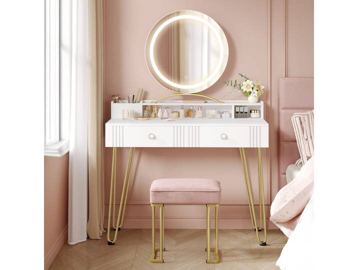 Coiffeuse avec tabouret et éclairage, coiffeuse avec miroir, table cosmétique avec tiroirs, tabouret rembourré rose, chambre à coucher