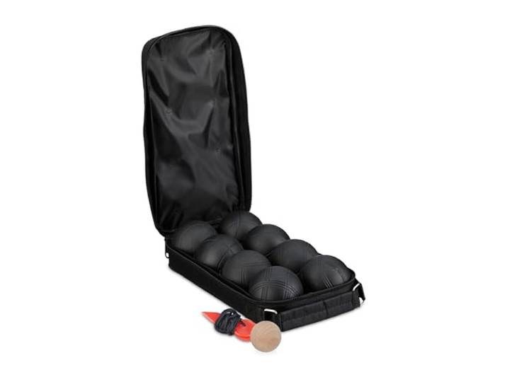 Relaxdays Boule Kugeln, 8 Metall-Kugeln, Set mit Zielkugel & Abstandsmesser, Tragetasche, Boccia Spiel, Stahl, schwarz