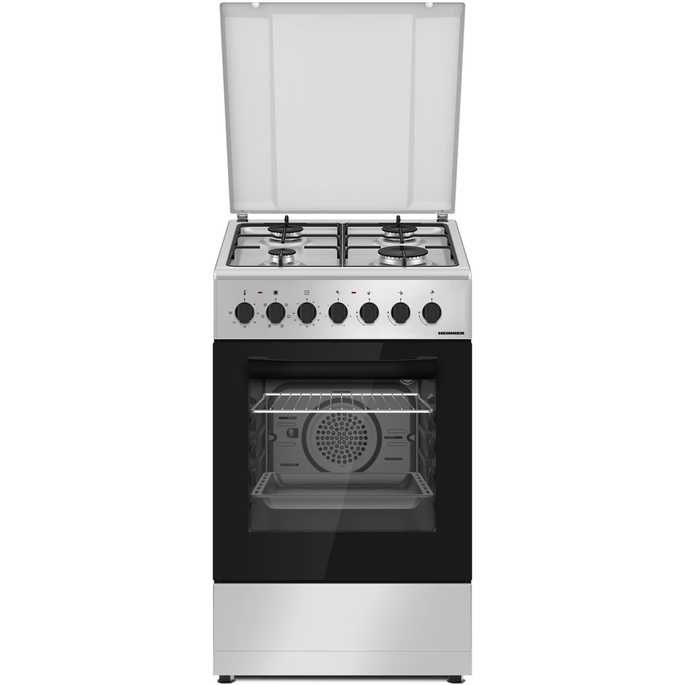 Heinner HFSC-S60LITGC-SL Gas-Standherd, 4 Gasbrenner, Elektrischer Ofen, Grill & Umluft, Silber