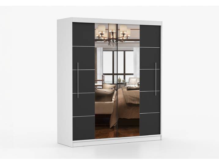 Schwebetürenschrank TORINO III 203 cm Weiß Schwarz + Spiegel Ohne LED-Beleuchtung